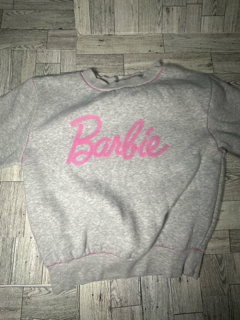Cotton on Kids! Barbie Gray Crewneck Sweater with Pink Logo Stitching size 5
